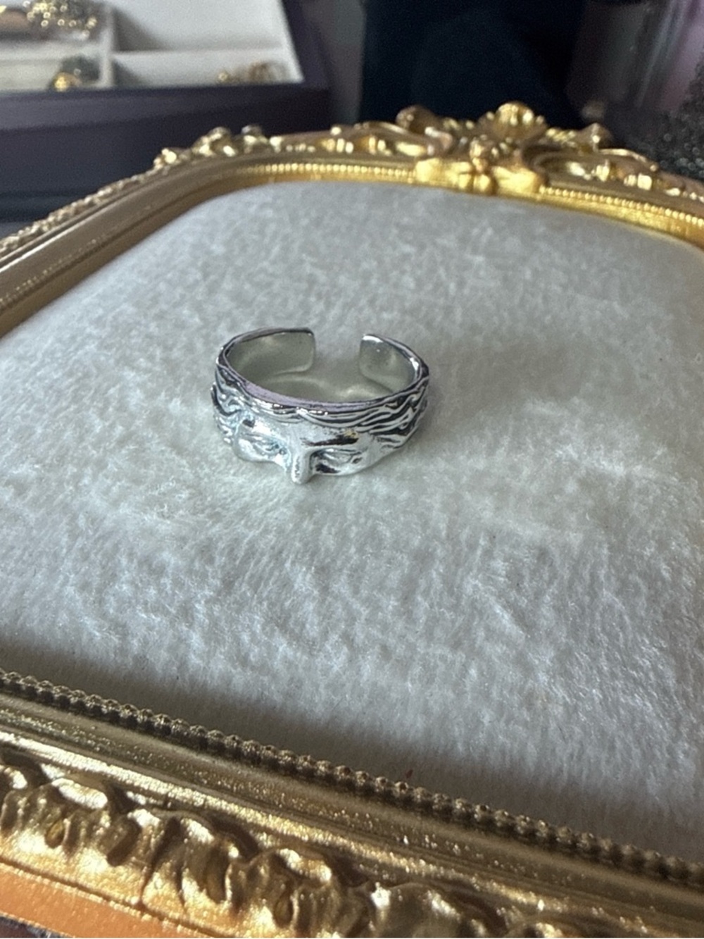 Silver-Tone Carved Face Adjustable Ring - Women Jewelry